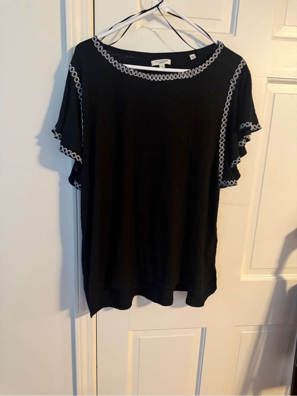Max Studio Black Short Sleeve Top with White Loop Trim